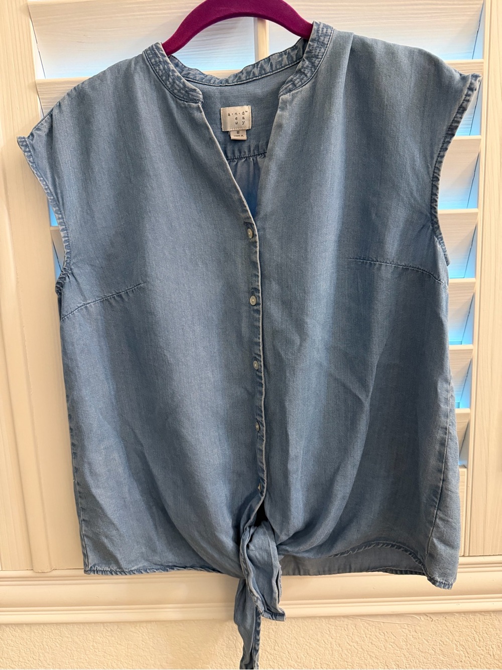 Light Blue Tie-Front Sleeveless Chambray Top